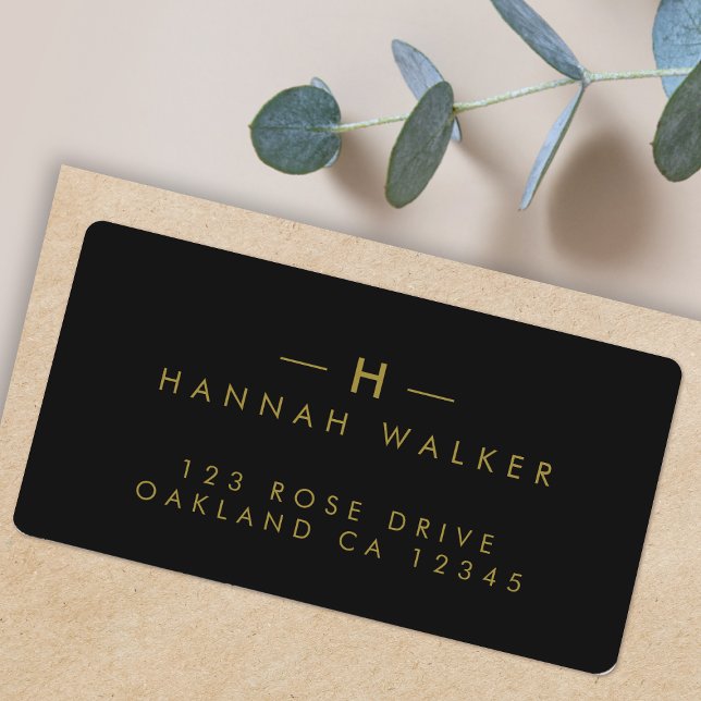Monogram Black Guld | Modern minimalistisk Elegant Adressetikett (A stylish versatile address label perfect for weddings, everyday stationery, or business mailing)