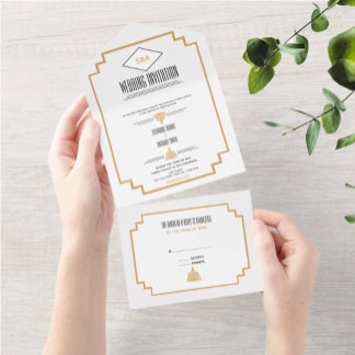 Monogram Black, Guld och White Art Deco Bröllop Al
