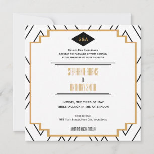 Monogram Black, Guld och White Art Deco Bröllop Inbjudningar