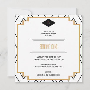 Monogram Black, Guld och White Art Deco Möhippa Inbjudningar