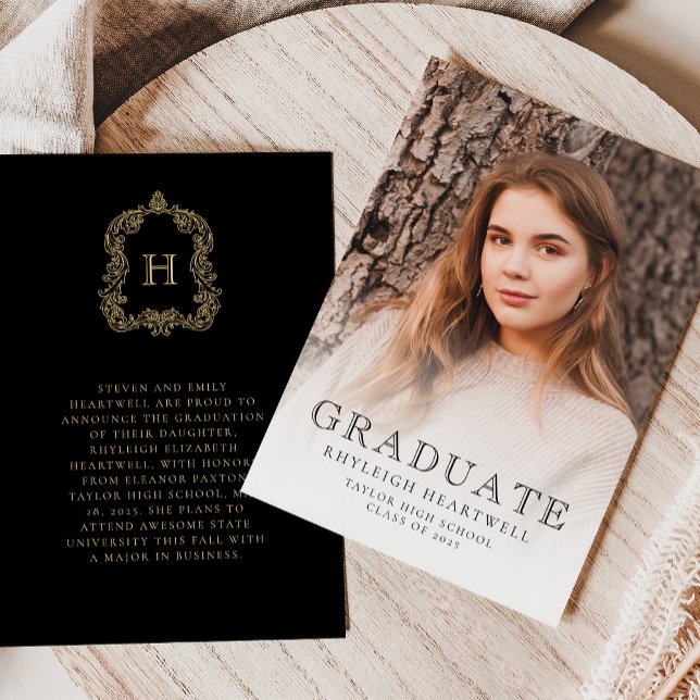 Monogram Black Guld Photo Grad Announcement Inbjudningar (Skapare uppladdad)
