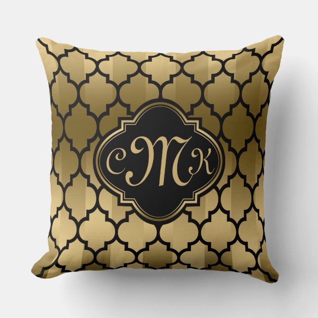 Monogram Black & Guld Rand & Quatrefoil Kudde (Framsida)