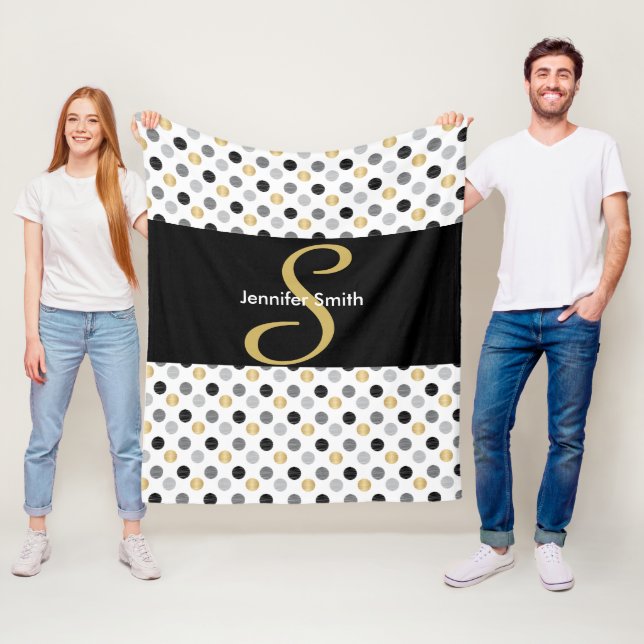 Monogram Black, Guld, Silver Polka dots Fleecefilt (På plats)