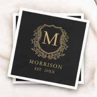Monogram Black Guld Vapensköld Botanical Bröllop
