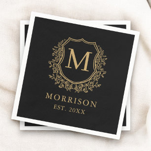 Monogram Black Guld Vapensköld Botanical Bröllop Pappersservett
