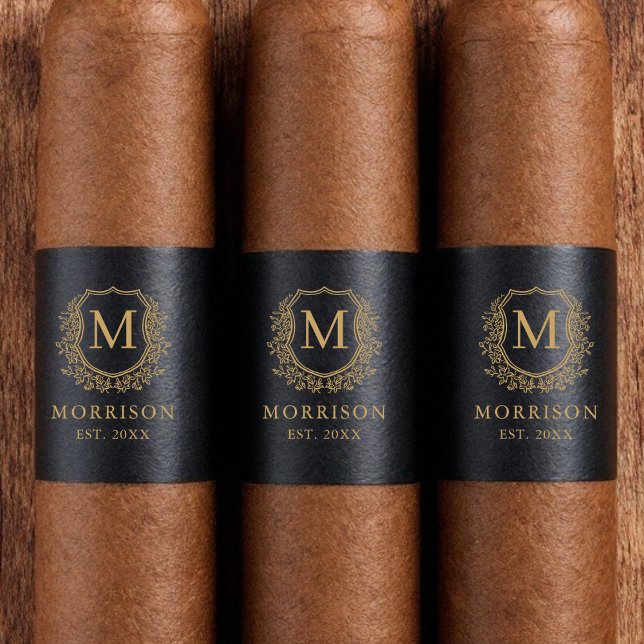 Monogram Black Guld Vapensköld Bröllop Cigar Band Returadress Etikett (Skapare uppladdad)