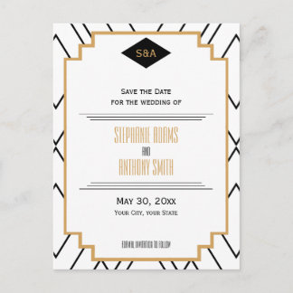 Monogram Black, Guld, White Art Deco Spara datum Meddelande Vykort
