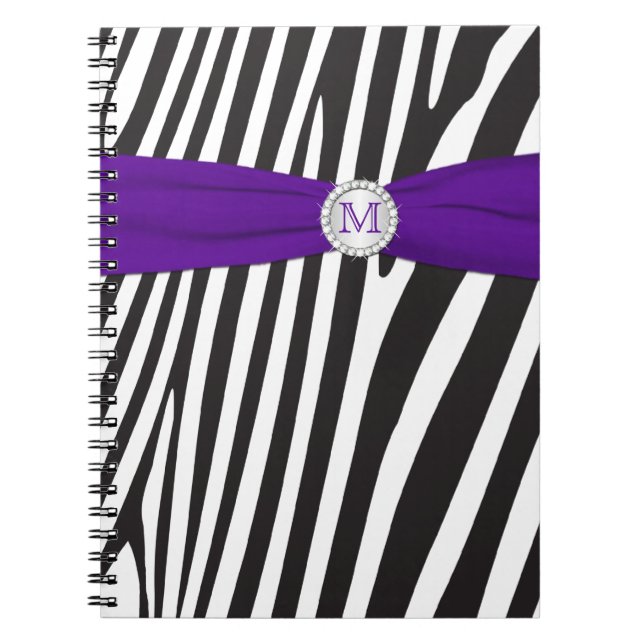 Monogram Black Lila White Zebra Stripe Notebook Anteckningsbok (Framsidan)