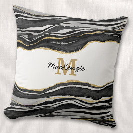 Monogram Black Marble Agate Guld Glitter Kudde