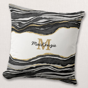 Monogram Black Marble Agate Guld Glitter Kudde