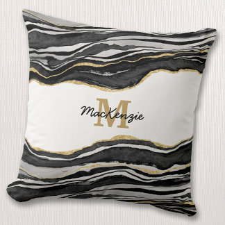 Monogram Black Marble Agate Guld Glitter Kudde