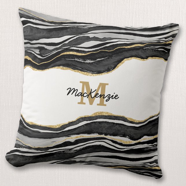 Monogram Black Marble Agate Guld Glitter Kudde (Skapare uppladdad)