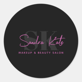 Monogram Black Neon Rosa Beauty Salon Anpassningsb Runt Klistermärke