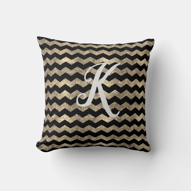 Monogram Black och Guld Glitter Chevron Kudde (Framsida)