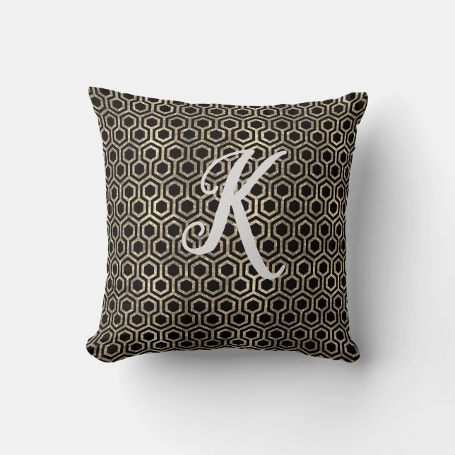 Monogram Black och Guld Glitter Hexagon Kudde (Framsida)
