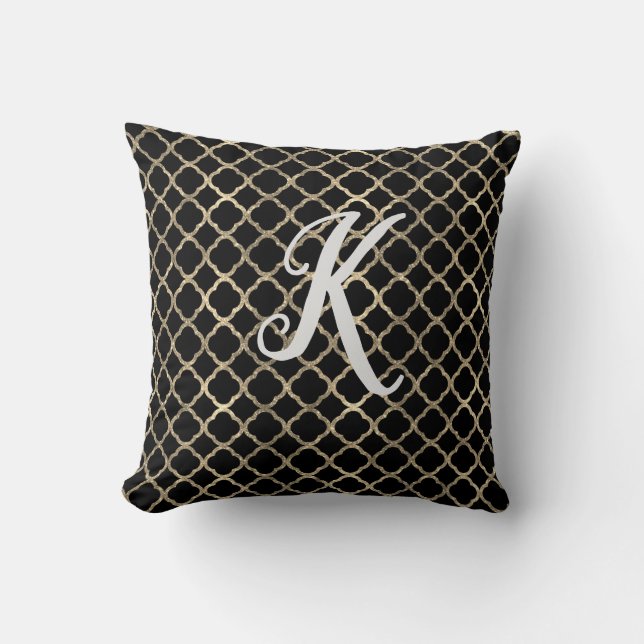 Monogram Black och Guld Glitter Quatrefoil Kudde (Framsida)