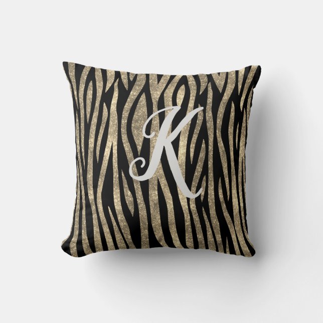 Monogram Black och Guld Glitter Zebra tryck Kudde (Framsida)