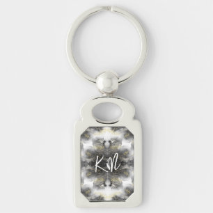 Monogram Black och Guld Mönster på White Rektangulärt Silverfärgad Nyckelring