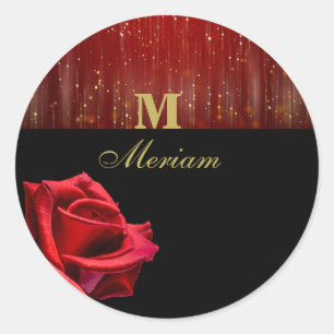 Monogram Black och Röd ros Round Sticker Runt Klistermärke