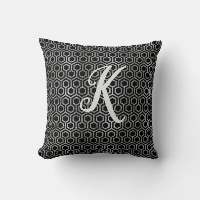 Monogram Black och Silver Glitter Hexagon Kudde (Framsida)