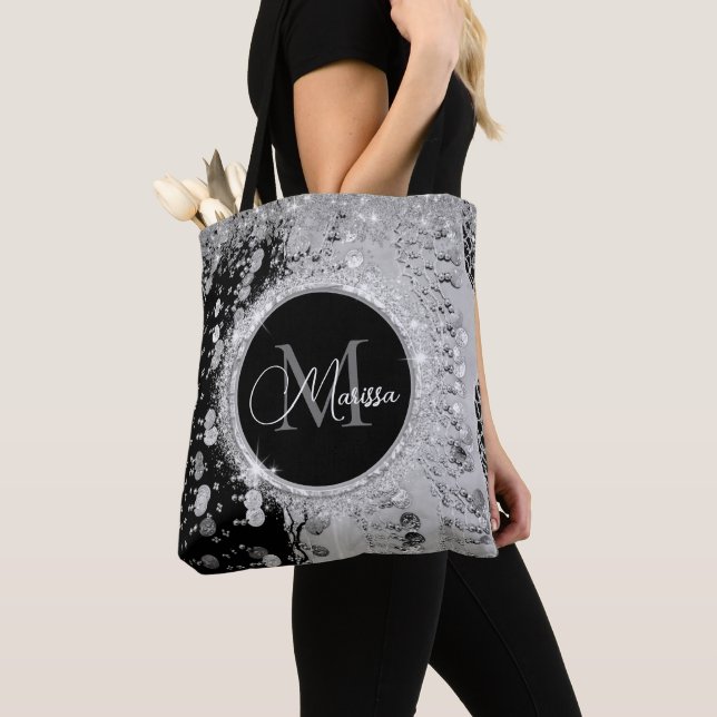 Monogram Black och Silver Glitter Mynt Tygkasse (Närbild)