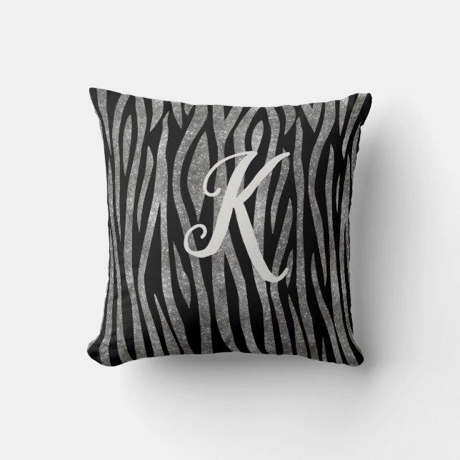 Monogram Black och Silver Glitter Zebra tryck Kudde (Framsida)