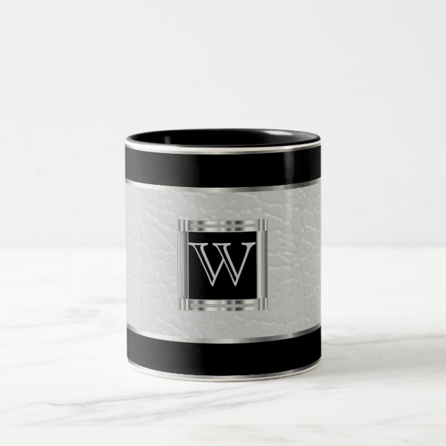 Monogram Black och Silver och Faux Leather Två-Tonad Mugg (Center)