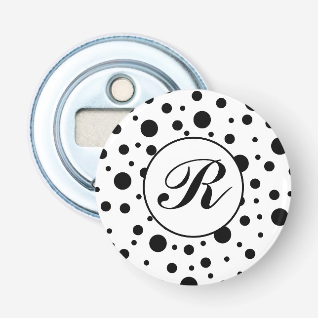 Monogram Black på White Polka Dot Mönster Flasköppnare (Framsidan)