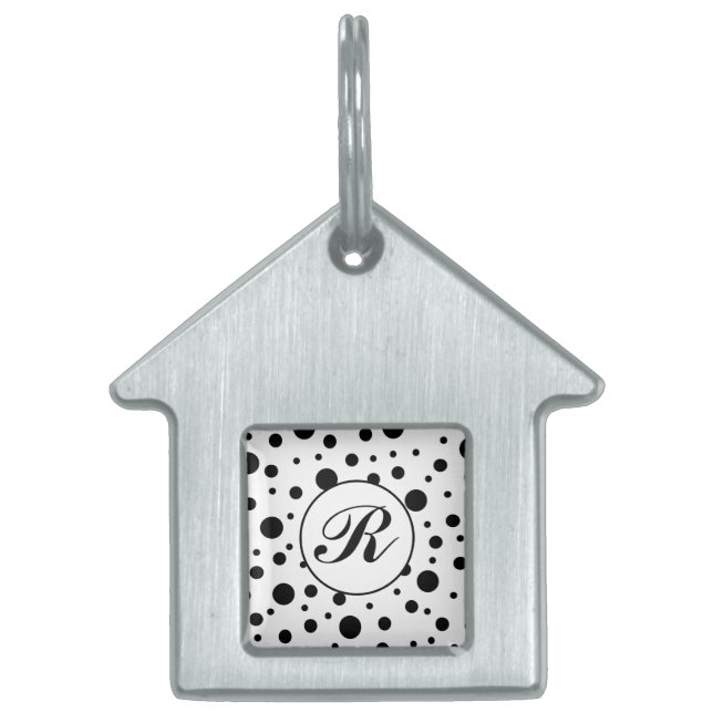 Monogram Black på White Polka Dot Mönster ID-bricka Husdjur (Framsidan)