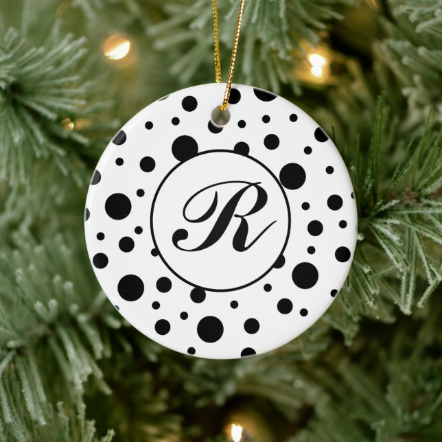 Monogram Black på White Polka Dot Mönster Julgransprydnad Keramik (Träd)