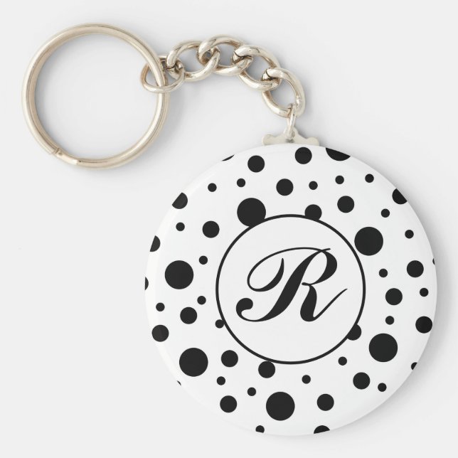 Monogram Black på White Polka Dot Mönster Nyckelring (Framsidan)