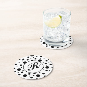 Monogram Black på White Polka Dot Mönster Underlägg Papper Rund