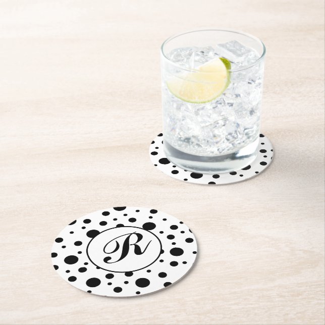 Monogram Black på White Polka Dot Mönster Underlägg Papper Rund (Insitu)