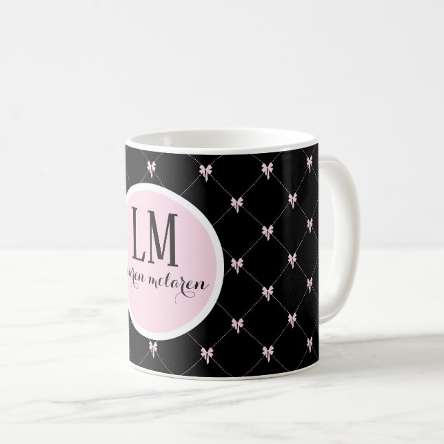Monogram Black & Pink Bow Script Kaffemugg (Framsida höger)