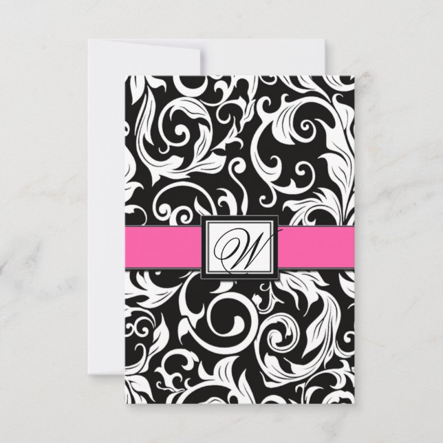 Monogram Black & Rosa Damask Wedding OSA kort (Framsida)
