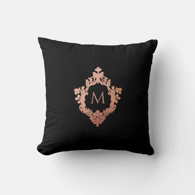 Monogram Black Rosa ros Guld Elegant Ornate Vapens Kudde (Framsida)