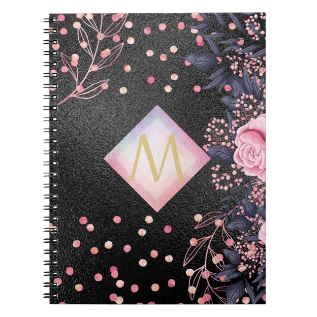 Monogram Black ROSEGOLD Rosa Metallic Glitter Girl Anteckningsbok (Framsidan)