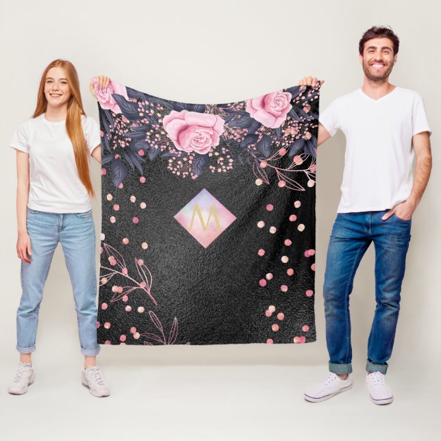 Monogram Black ROSEGOLD Rosa Metallic Glitter Girl Fleecefilt (På plats)