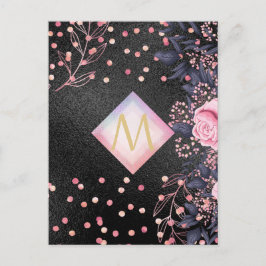 Monogram Black ROSEGOLD Rosa Metallic Glitter Girl Vykort