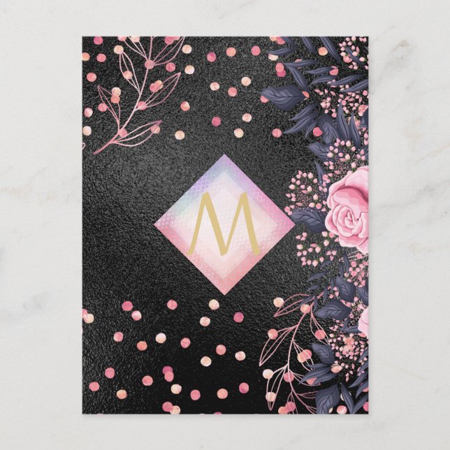 Monogram Black ROSEGOLD Rosa Metallic Glitter Girl Vykort (Framsida)