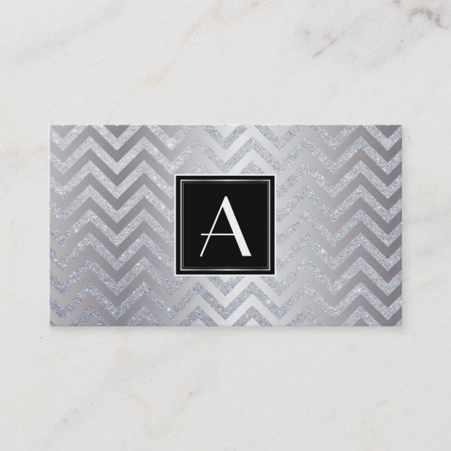 Monogram Black/Silver Box Chevron Glitter Visitkort (Framsida)