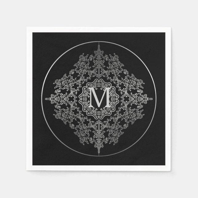 Monogram Black & Silver Filigree Motif Napkins Pappersservett (Framsidan)