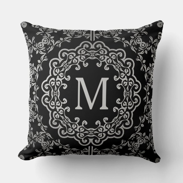 Monogram Black & Silver Filigree Motif Pillow Kudde (Framsida)