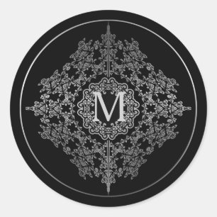 Monogram Black & Silver Filigree Motif Stickers Runt Klistermärke