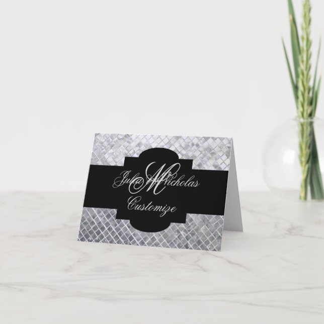 Monogram Black & Silver Mosaic Tiles Note Card Tack Kort (Framsida)