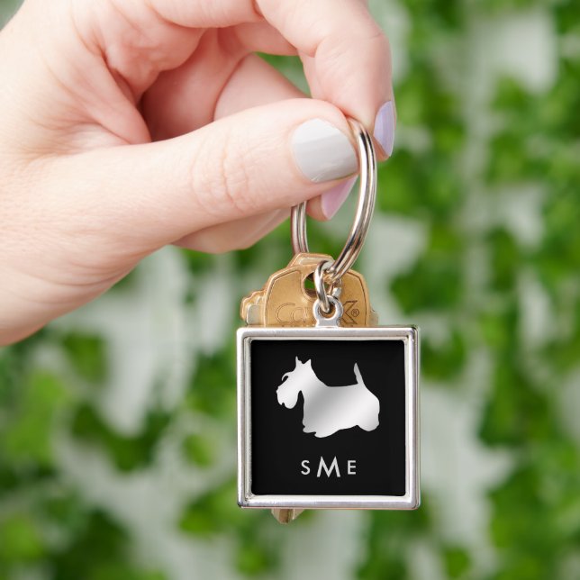 Monogram Black Silver Scottie Hund Fyrkantig Silverfärgad Nyckelring (Hand)