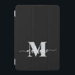 Monogram Black Silver White Personal iPad Mini Skydd<br><div class="desc">Elegant monogram på din personliga design. Svart bakgrund med vitt skript och ett silver Monogram.</div>