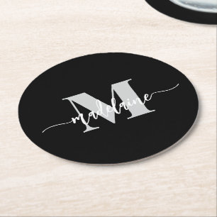 Monogram Black Silver White Personal Underlägg Papper Rund