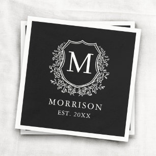 Monogram Black Vapensköld Modern Botaniska Bröllop Pappersservett