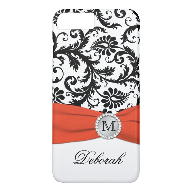 Monogram Black, vit, Orange Damask iPhone 7 Fodral Case-Mate iPhone Skal (Baksida)